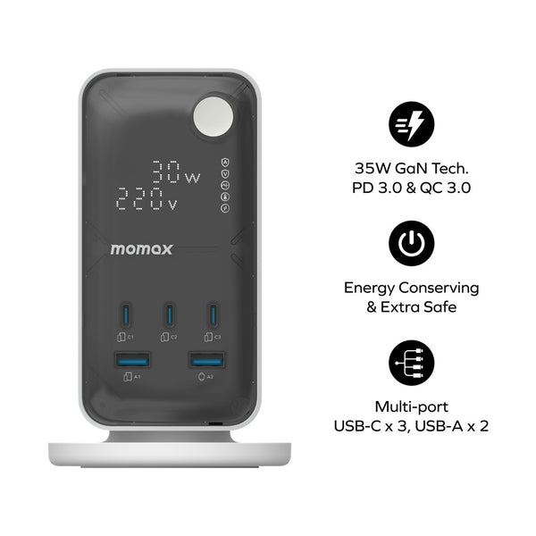 MOMAX 1-CHARGE WORK FLOW 6-OUTLET DIGITAL DISPLAY POWER TOWER WITH USB - WHITE