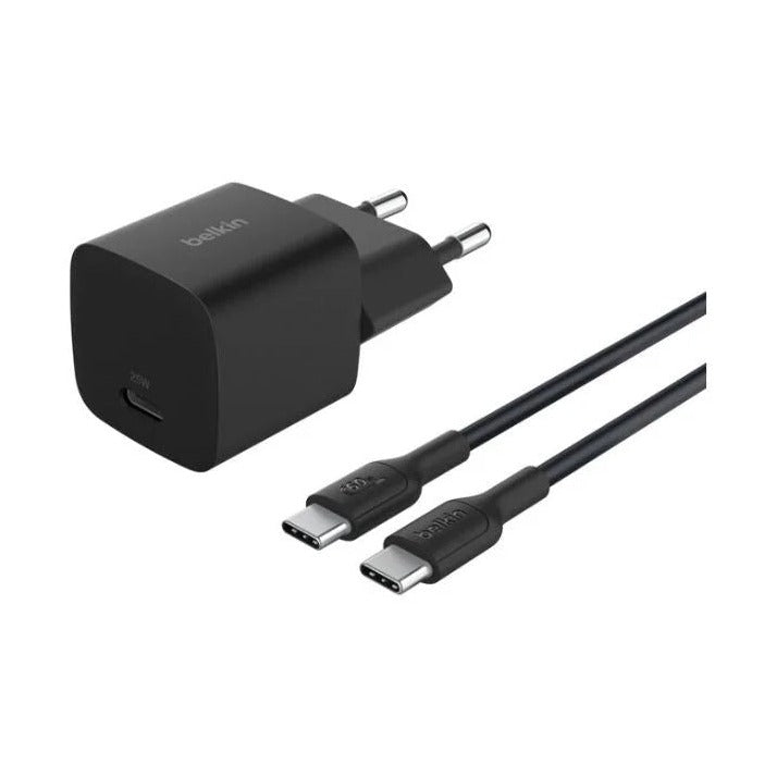شاحن حائط بيلكن بقوة 25 واط USB-C بتقنية PD وكابل PVC بطول 1 متر من النوع C إلى C، أسود