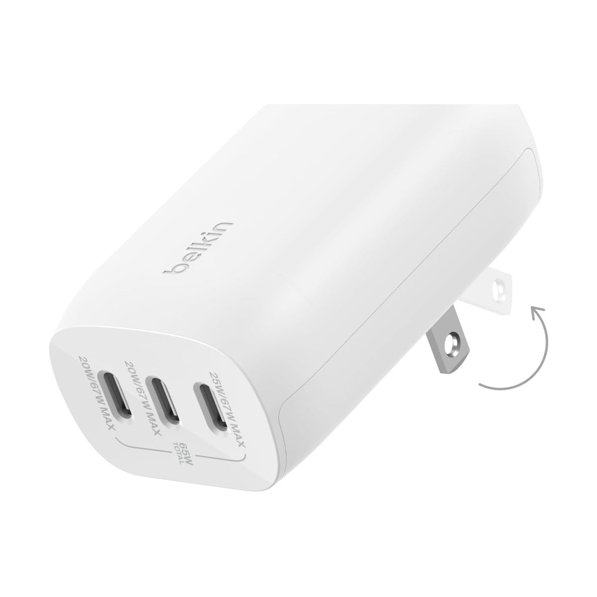 شاحن حائط بيلكن بقوة 67 واط وثلاثة منافذ USB-C مع توصيل طاقة PPS (25 واط + 20 واط + 20 واط)، 67 واط كحد أقصى عند استخدام أي منفذ بمفرده.