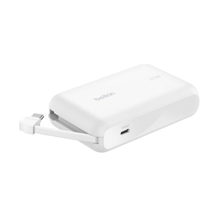 Belkin BoostCharge 10K Power Bank with Integrated USB-C Cable, 20W, White