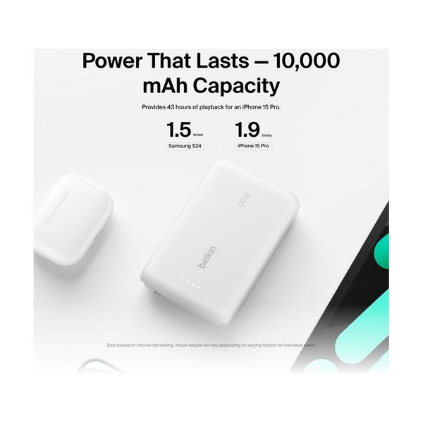Belkin BoostCharge 10K Power Bank with Integrated USB-C Cable, 20W, White