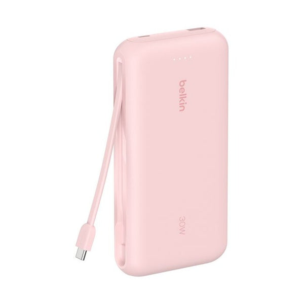 Belkin BoostCharge 20K Power Bank with Integrated USB-C Cable, 30W PD, USB-C and USB-A Ports, Pink