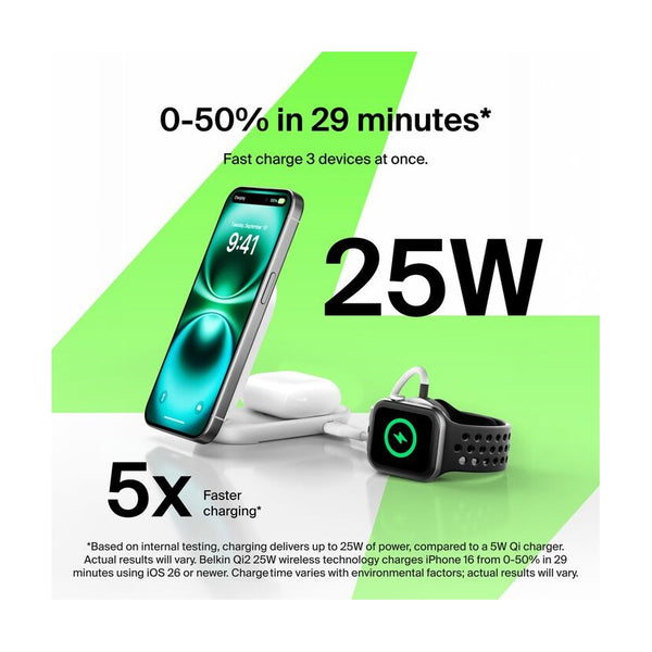 Belkin BOOST CHARGE QI2 25w Magnetic 2in1 Foldable Wireless Charging Stand - White