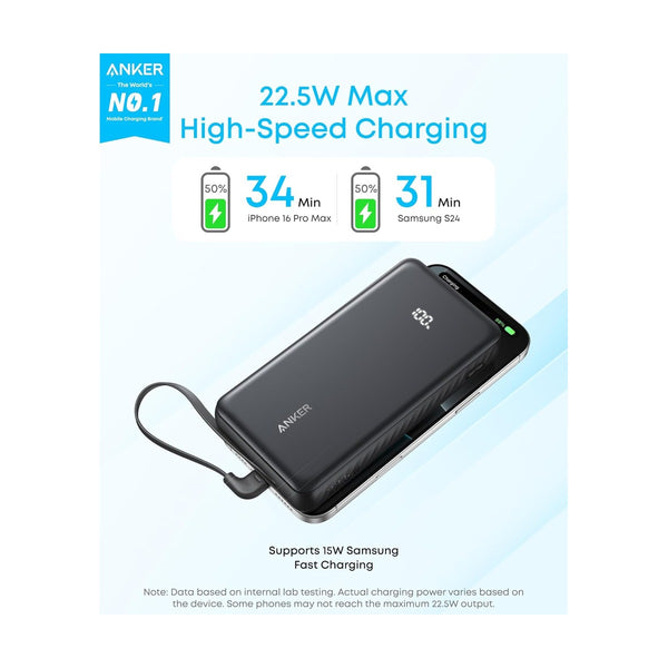 Anker Zolo Power Bank (20K, 22.5W, Built-In USB-C Cable Black