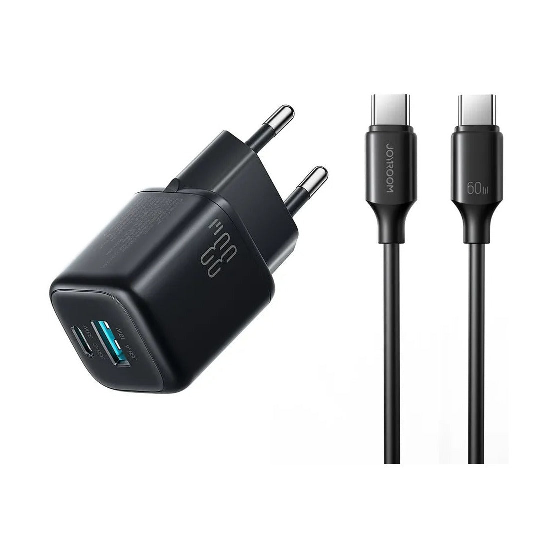 شاحن JOYROOM JR-TG7 ثنائي المنفذ بقوة 33 واط مع كابل USB-C إلى USB-C بطول 1 متر وقوة 60 واط - أسود