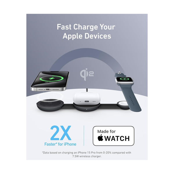 Anker - Maggo Magsafe Compatible 3-In-1 Charger, Qi2 Certified 15W Fast Charger - Black