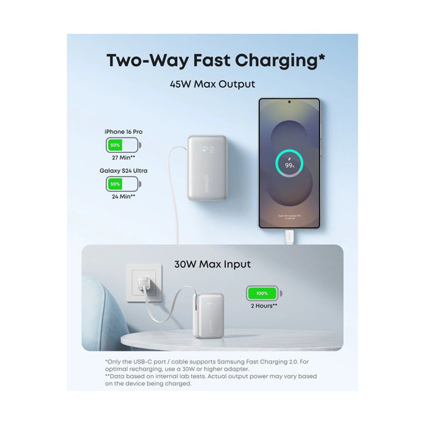 Anker - Nano Power Bank (10K, 45W, Built-In Retractable Usb-C Cable) White