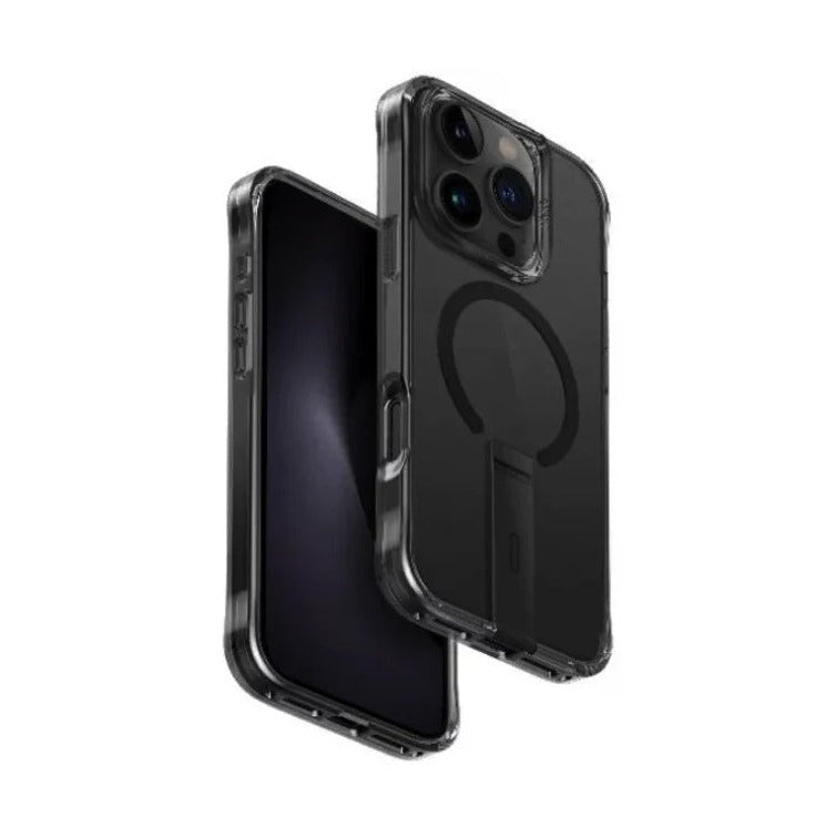 جراب UNIQ Eleva لهاتف iPhone 16 Pro لون أسود كربوني - غطاء بمسند وميزة MagClick