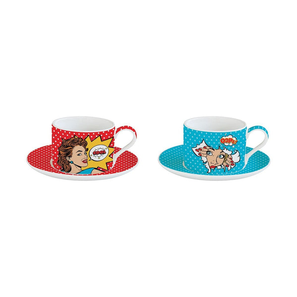 Easy Life Pop Art Cups and Saucers 240 ml - Porcelain 4 Piece Set
