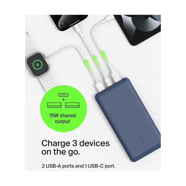 Belkin - Boostcharge 3-Port 20K Power Bank With Usb-C 15W, Dual Usb-A, Space Blue