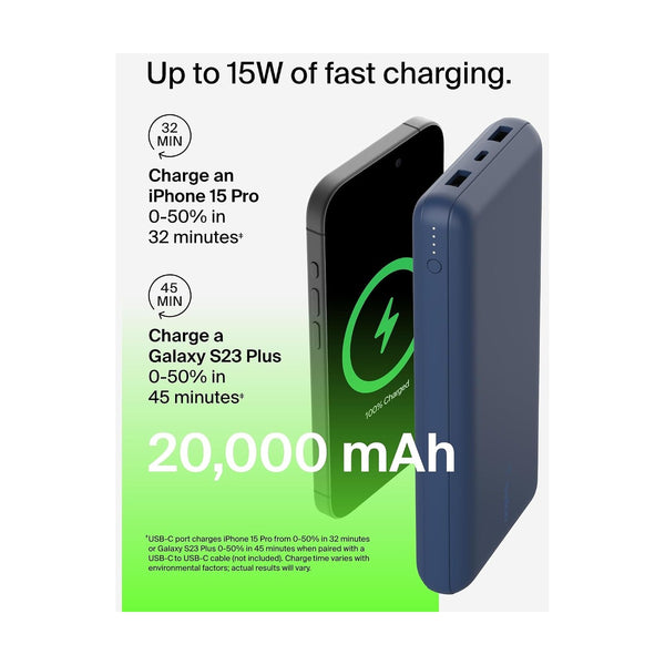 Belkin - Boostcharge 3-Port 20K Power Bank With Usb-C 15W, Dual Usb-A, Space Blue