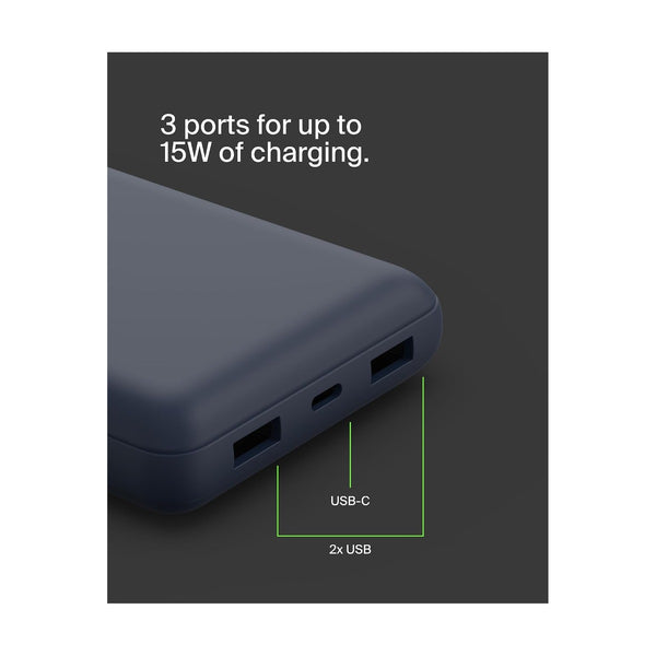 Belkin - Boostcharge 3-Port 20K Power Bank With Usb-C 15W, Dual Usb-A, Space Blue