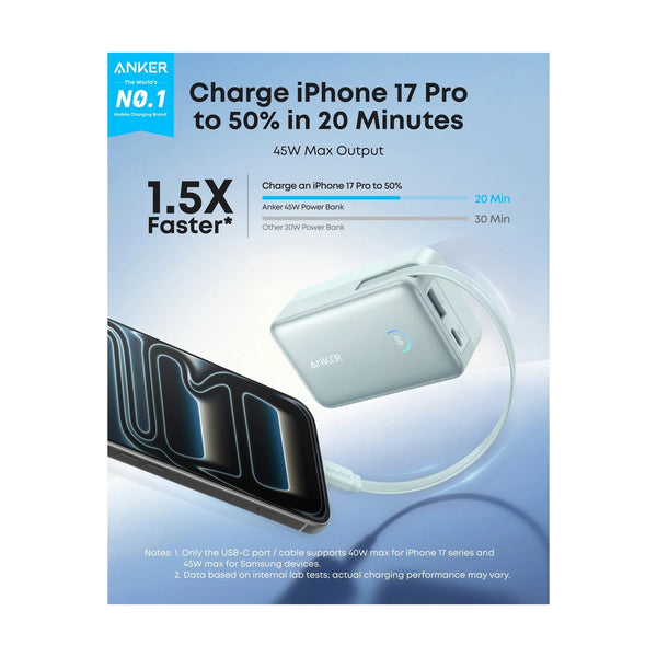 Anker - Nano Power Bank (10K, 45W, Built-In Retractable USB-C Cable) - Teal Oasis