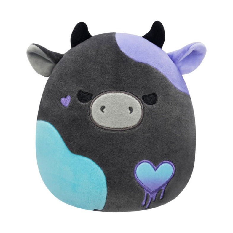 SQVA - Little Plush 7.5" Squishmallows Smithereens - Charcoal Grey Cow W/Teal and Purple Spots and Melting Heart Embroidery