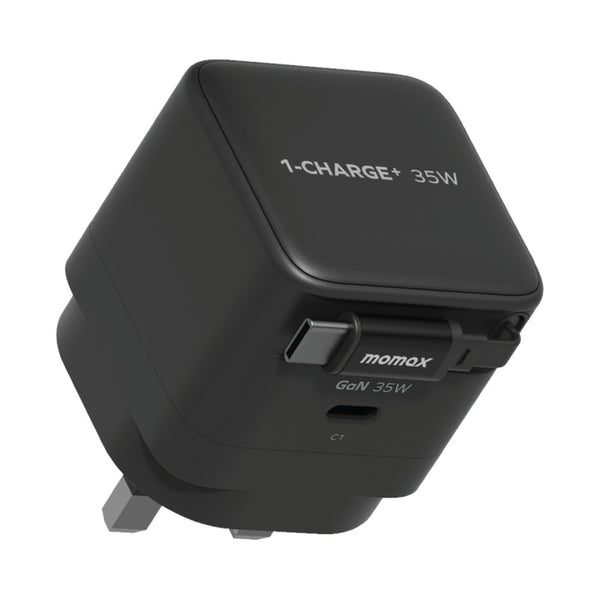 MOMAX 1-CHARGE 35W GAN 1 PORT CHARGER WITH BUILT-IN USB-C CABLE - BLACK