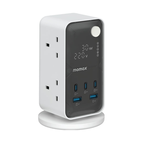 MOMAX 1-CHARGE WORK FLOW 6-OUTLET DIGITAL DISPLAY POWER TOWER WITH USB - WHITE