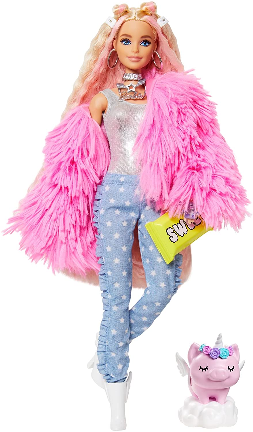 Barbie Extra Doll In Pink Fluffy Coat With Pet Unicorn